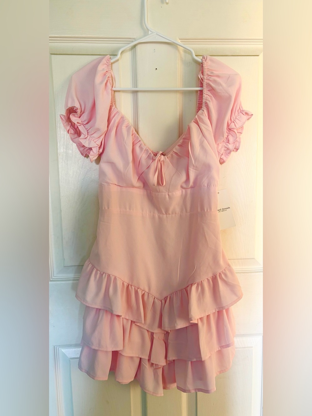 Soft Pink Ruffle Mini Dress with Puff Sleeves